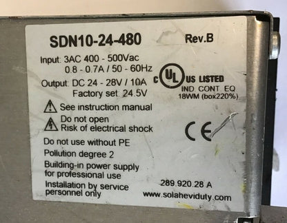 SOLA SDN 10-24-480 POWER SUPPLY 24VDC/10A 24-28V 0.8/0.7A 50-60HZ