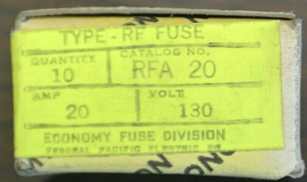 BOX of 10 / ECONOMY RFA20 TYPE RF FUSE / 20A / 130V / NEW SURPLUS