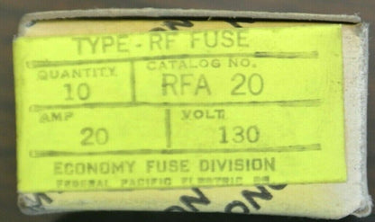 BOX of 10 / ECONOMY RFA20 TYPE RF FUSE / 20A / 130V / NEW SURPLUS