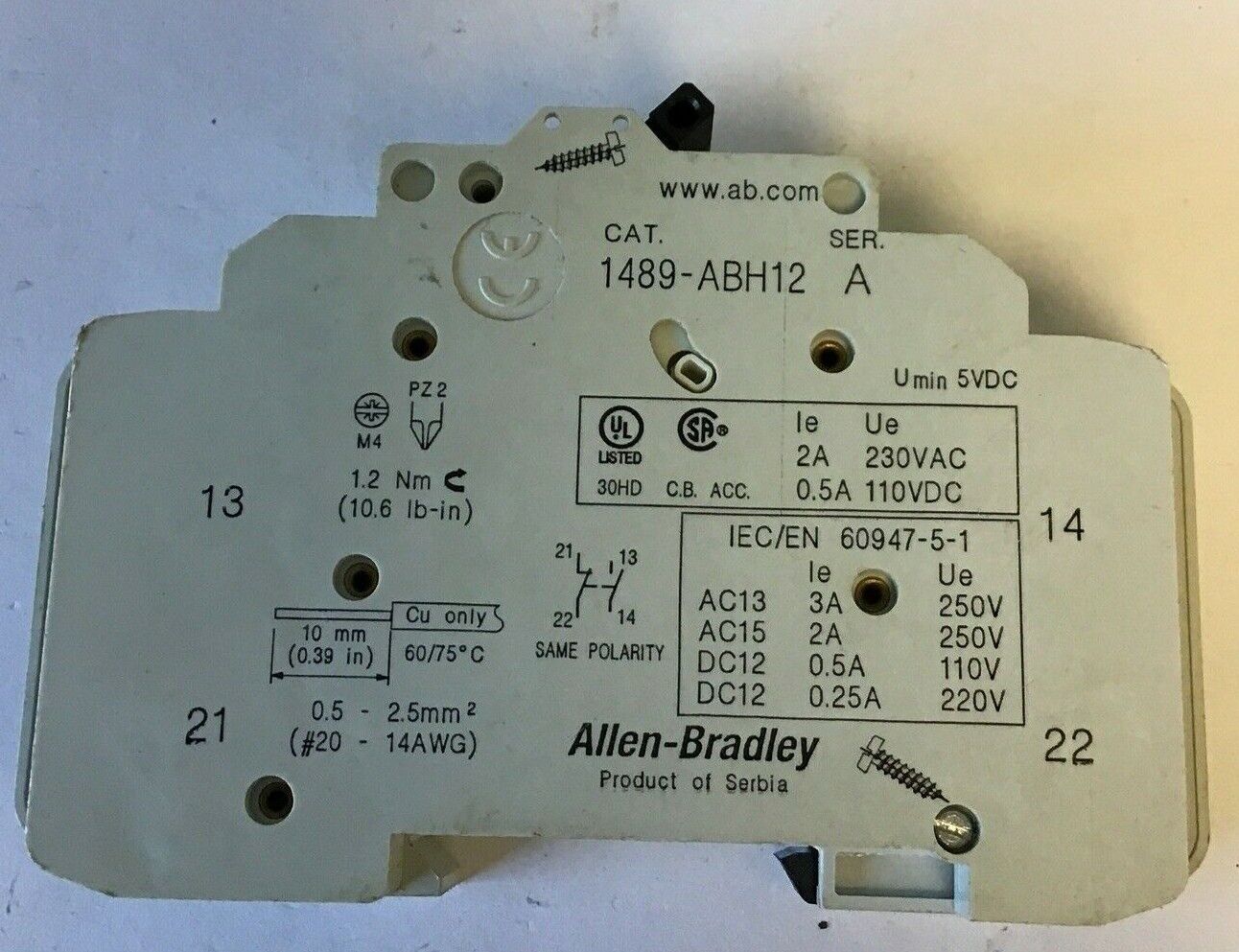 ALLEN BRADLEY 1489-D1C020 SER.A CIRCUIT BREAKER W/ 1489-ABH12 AUX. CURCUIT