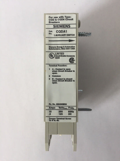 SIEMENS CQDA1 AUXILIARY SWITCH 250 VDC 60HZ 15 AMP (LOT OF 10)