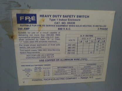 CHALLENGER H5236 NON-FUSIBLE SAFETY SWITCH, 3PH, 200A, 600V, 150HP, TYPE 1