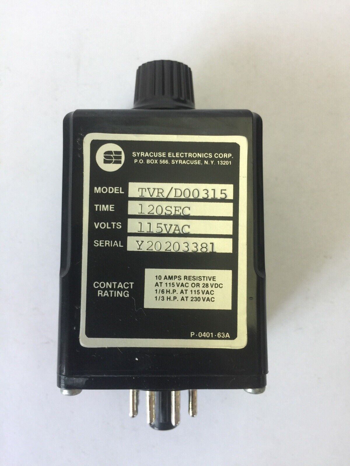 SYRACUSE ELECTRONICS TVR/D00315 TIME DELAY RELAY 115VAC 120SEC