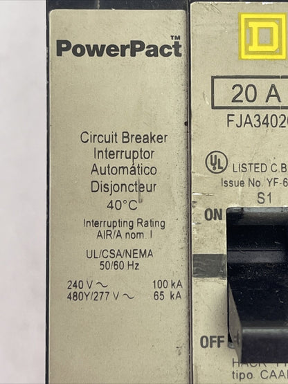 SQUARE D FJA34020 POWERPACT CIRCUIT BREAKER 20A 240VAC 480Y/277VAC