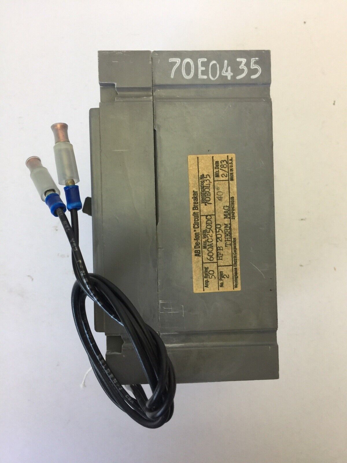 WESTINGHOUSE HFB2050 CIRCUIT BREAKER 50A 600VAC 250DVC 2P 1B ALARM SW 1252C09G11