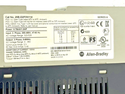 ALLEN-BRADLEY - 25B-D2P3N114 SER. A FRN: 2.002 - POWERFLEX 525 - AC DRIVE