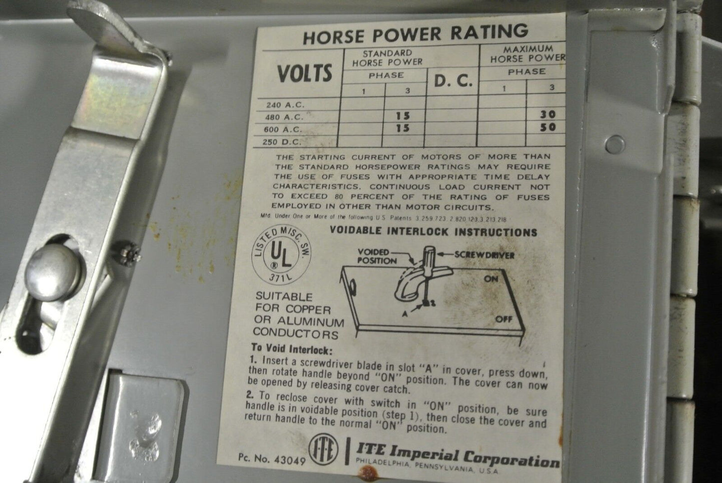 I-T-E V7E3622 CLAMPMATIC VACU-BREAK TWIN PANELBOARD SWITCH - 600V, 60A, 3-POLE