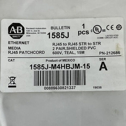 ALLEN BRADLEY 1585J-M4HBJM-15 ETHERNET MEDIA CABLE RJ45 PATCH CORD SER.A 15M
