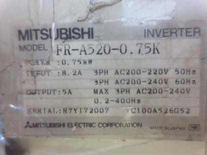 MITSUBISHI FR-A520-0.75K - A500 INVERTER - "FOR PARTS or NOT WORKING"