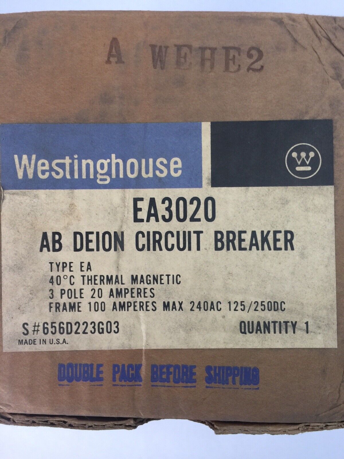 WESTINGHOUSE EA3020 AB DE-ION CIRCUIT BREAKER 20AMP 3POLE 240VAC 125/250VDC