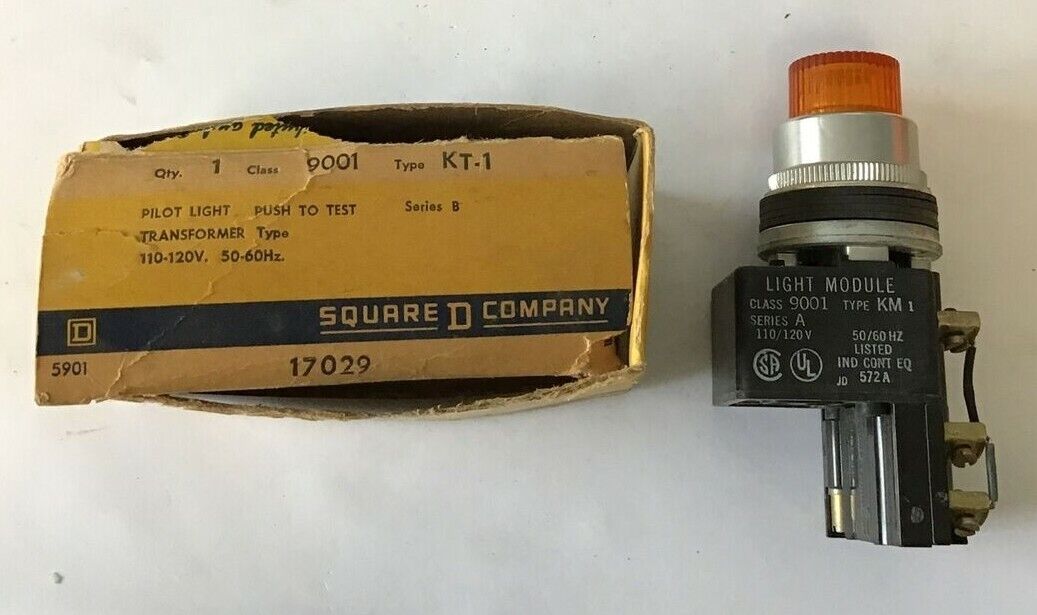 SQUARE D 9001KT-1 PILOT LIGHT PUSH TO TEST 120V 60HZ SER.B ORANGE CAP