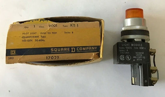 SQUARE D 9001KT-1 PILOT LIGHT PUSH TO TEST 120V 60HZ SER.B ORANGE CAP