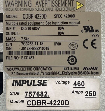 YASKAWA CDBR-4220D BRAKING UNIT INPUT 510-680VDC 80A OUTPUT 80A