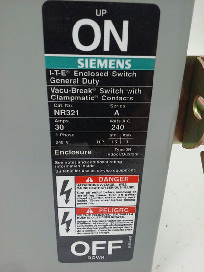 I-T-E SIEMENS NR-321 SER. A, ENCLOSED SWITCH, 30A, 240V, 2PH, TYPE 3R, FUSIBLE