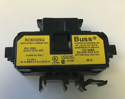 BUSS BC6302SQ 30A 600V FUSE HOLDER W/FERRAZ SHAWMUT DFC-7I FUSE COVERS(2)