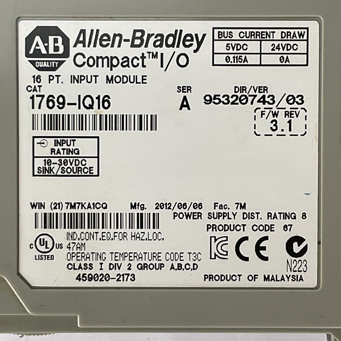 ALLEN BRADLEY 1769-IQ16 SER A F/W REV 3.1 DIR/VER 95320743/03 16PT INPUT MODULE