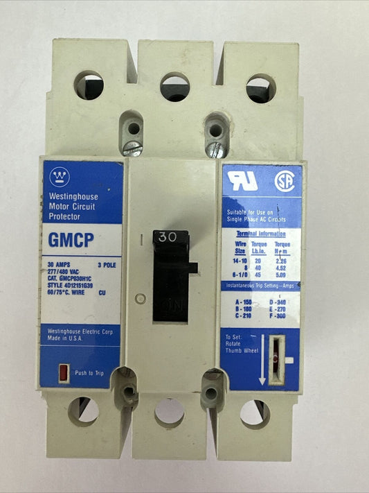 WESTINGHOUSE GMCP030H1C GMCP CIRCUIT BREAKER 30AMP 277/480VAC 3POLE 4D12151G39
