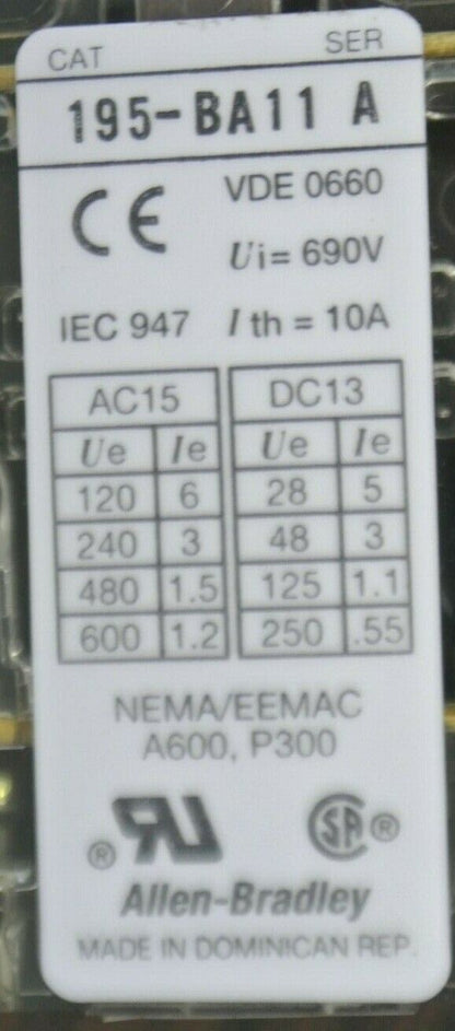 LOT of 3 / ALLEN-BRADLEY 195-BA11 AUXILIARY SWITCH / AUX. CONTACT / NEW SURPLUS