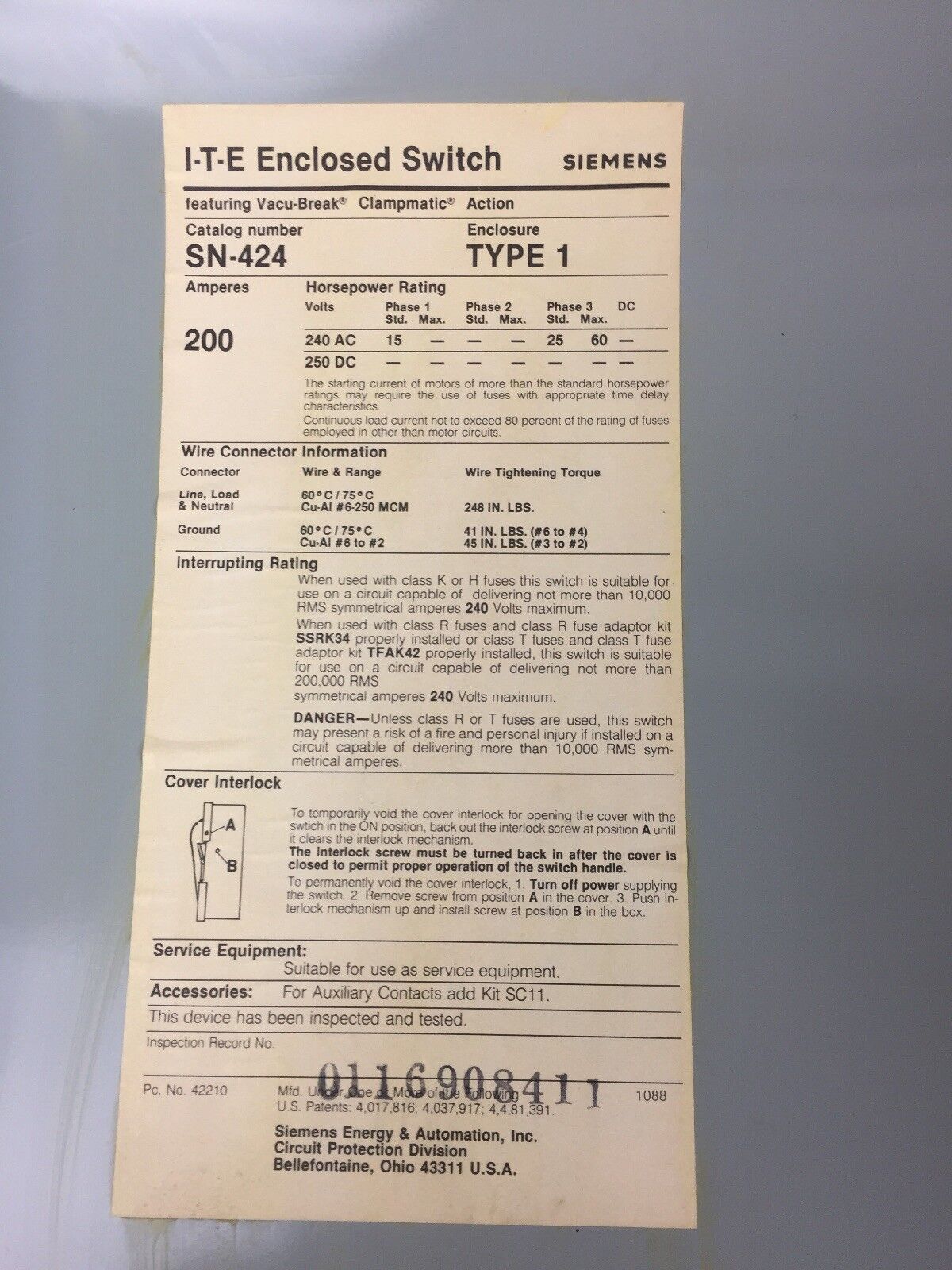 ITE SN424 HEAVY DUTY VACU-BREAK SWITCH WITH CLAMPMATIC CONTACTS 200 AMPS 240 VAC