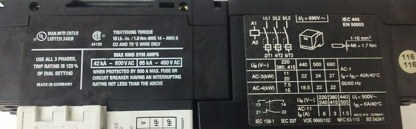 ALLEN-BRADLEY STARTER 190-MN, 190-P010, 190-A40, 190-A11, 199-FSMA1, 120V COIL