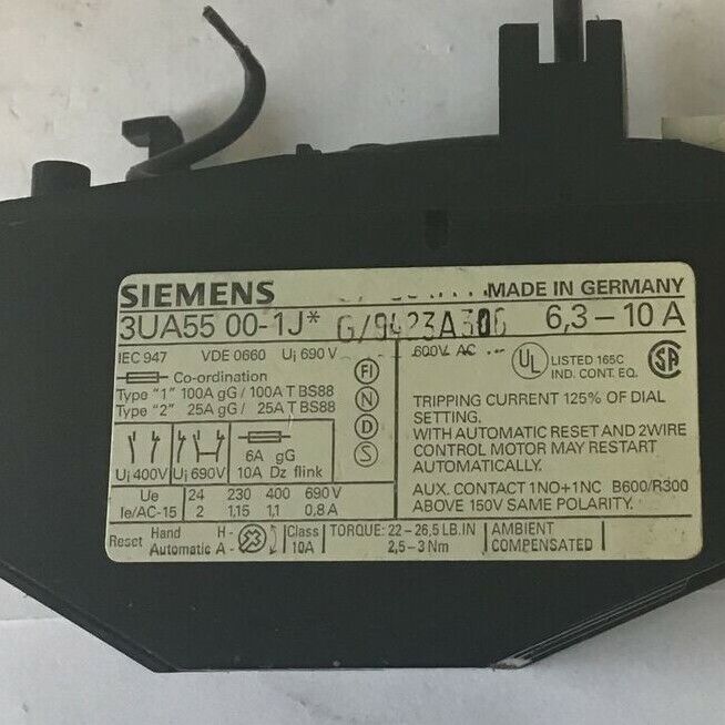 SIEMENS 3UA5500-1J RELAY 6,3-10A 600VAC