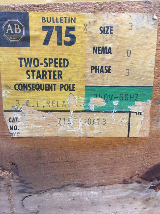 ALLEN BRADLEY 715XDOA13 TWO-SPEED STARTER CONSEQUENT POLE 3 PHASE SIZE 3 NEMA 0