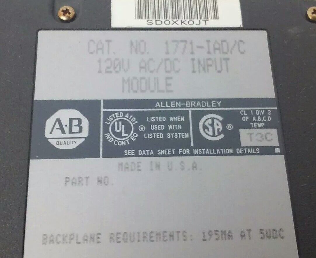 ALLEN BRADLEY 1771-IAD/C INPUT MODULE, 120VAC/DC, 195MA @ 5VDC
