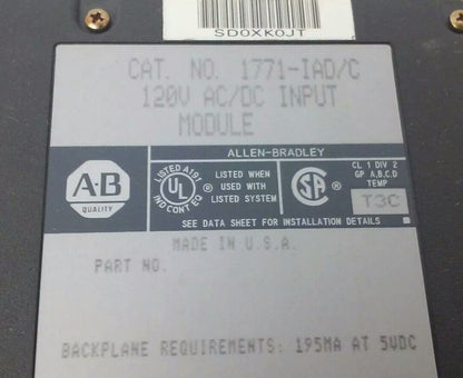 ALLEN BRADLEY 1771-IAD/C INPUT MODULE, 120VAC/DC, 195MA @ 5VDC