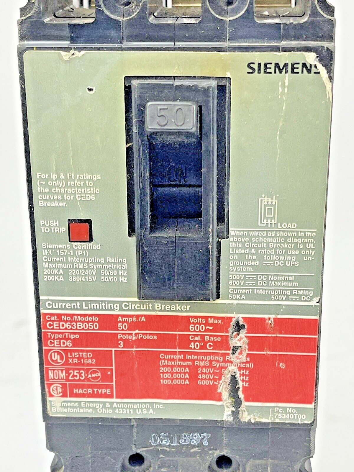 ITE - SIEMENS - CED63B050 - CIRCUIT BREAKER - 50 A, 600 VAC, 3 POLE, TYPE CED6