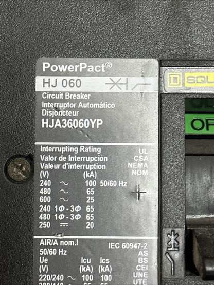SQUARE D HJA36060YP POWER PACT CIRCUIT BREAKER 60A 600VAC 250VDC 3POLE