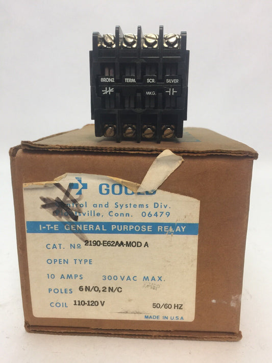 GOULD 2190-E62AA MOD A GENERAL PURPOSE RELAY 300VAC 10A 2090-810 COIL 110-120V
