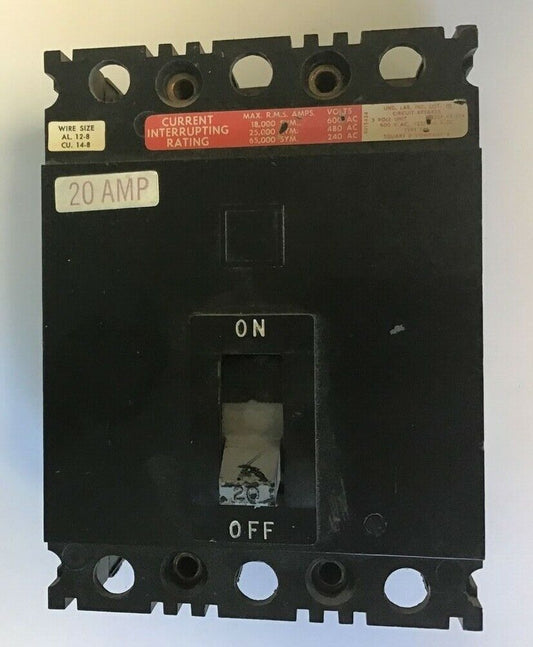 SQUARE D FHL 36020 CIRCUIT BREAKER 600VAC 20AMP