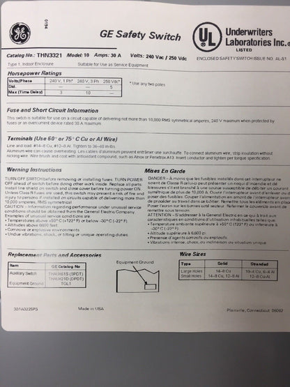 GE THN3321 SAFETY SWITCH HEAVY DUTY INDOOR NON FUSIBLE 3 POLES 240VAC 250VDC 30A