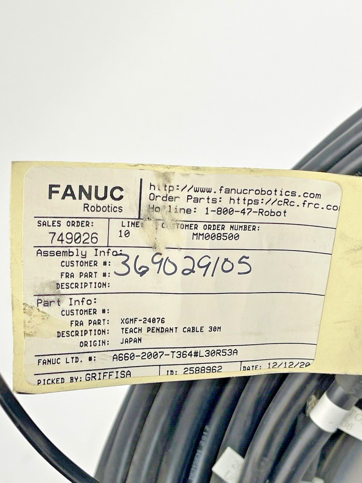 FANUC - A660-2007-T364#L30R53A - TEACH PENDANT CABLE - 30M L