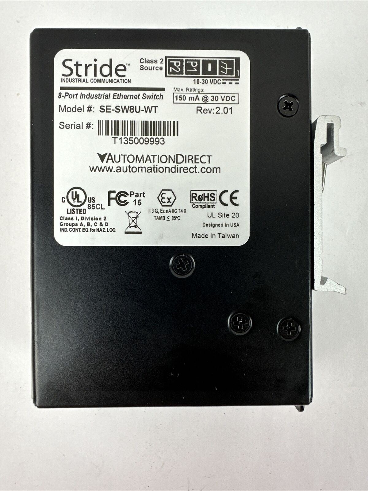 STRIDE SE-SW8U-WT 8-PORT INDUSTRIAL ETHERNET SWITCH 150mA @ 30VDC REV 2.01