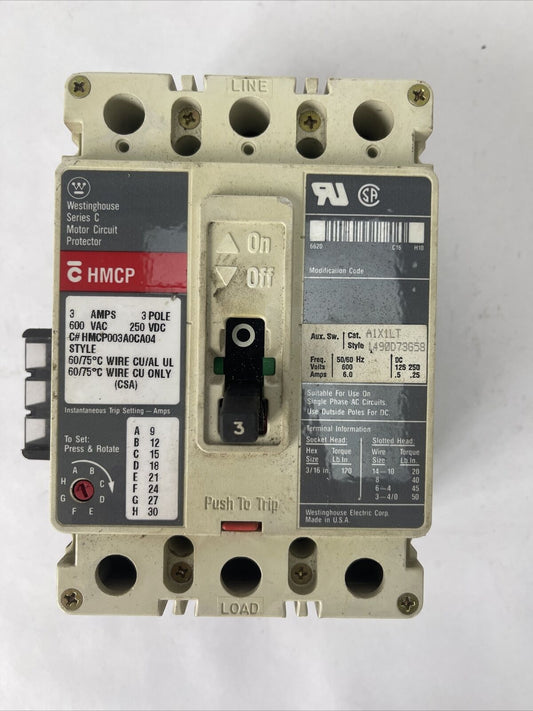 WESTINGHOUSE HMCP003A0CA04 CIRCUIT BREAKER 600VAC 250VDC 3AMP 3POLE A1X1LT