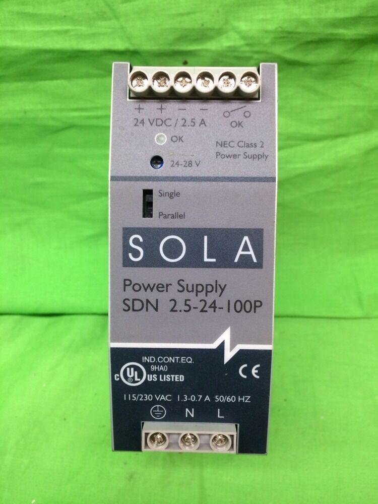 SOLA SDN 2.5-24-100P POWER SUPPLY 115/230 VAC 1.3-0.7 AMP 50/60 Hz 24VDC 2.5 AMP