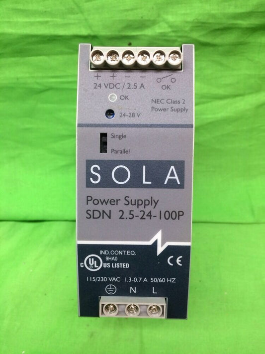 SOLA SDN 2.5-24-100P POWER SUPPLY 115/230 VAC 1.3-0.7 AMP 50/60 Hz 24VDC 2.5 AMP