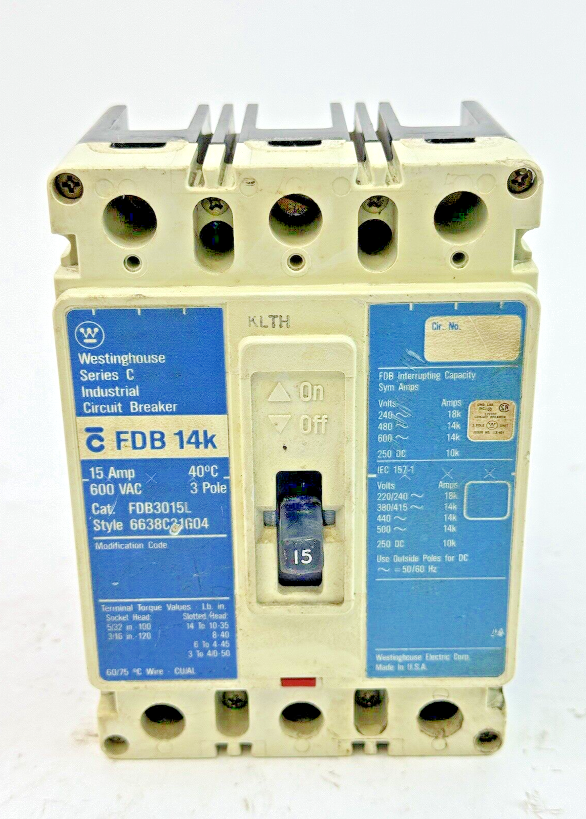 EATON / CUTLER-HAMMMER - FDB3015L - CIRCUIT BREAKER - 3 POLE/ 15 A/ 600 VAC