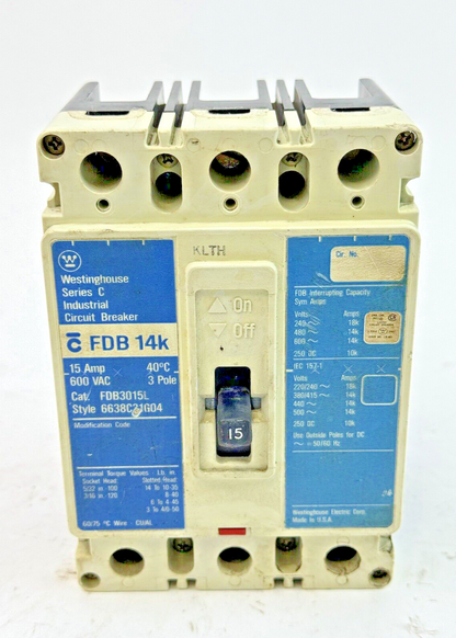 EATON / CUTLER-HAMMMER - FDB3015L - CIRCUIT BREAKER - 3 POLE/ 15 A/ 600 VAC