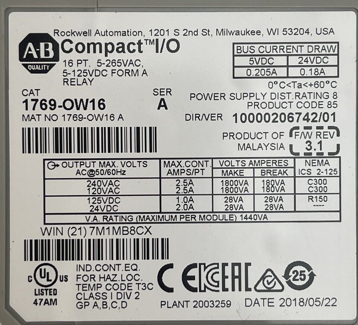 ALLEN BRADLEY 1769-OW16 COMPACT I/O F/W REV 3.1 DIR/VER 10000206742/01 SER A