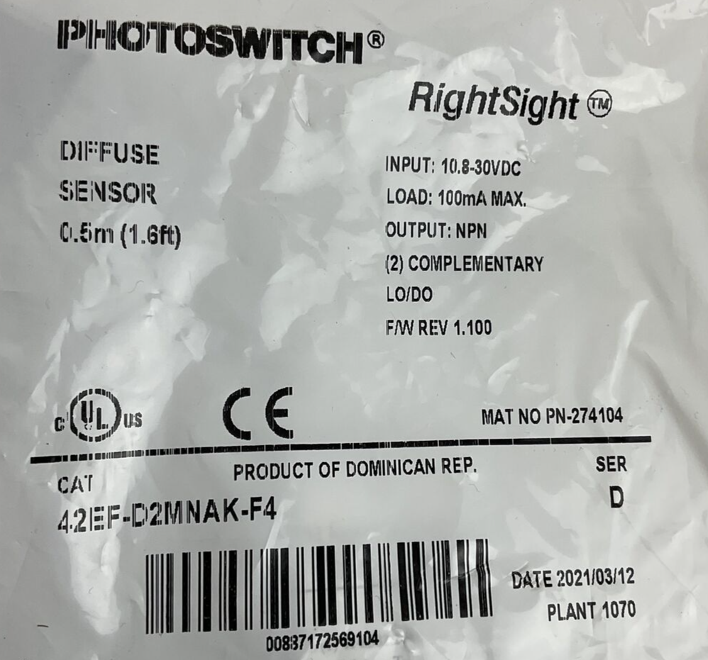 ALLEN BRADLEY 42EF-D2MNAK-F4 DIFFUSE SENSOR 0.5M (1.6FT) 10.8-30VDC REV 1.100
