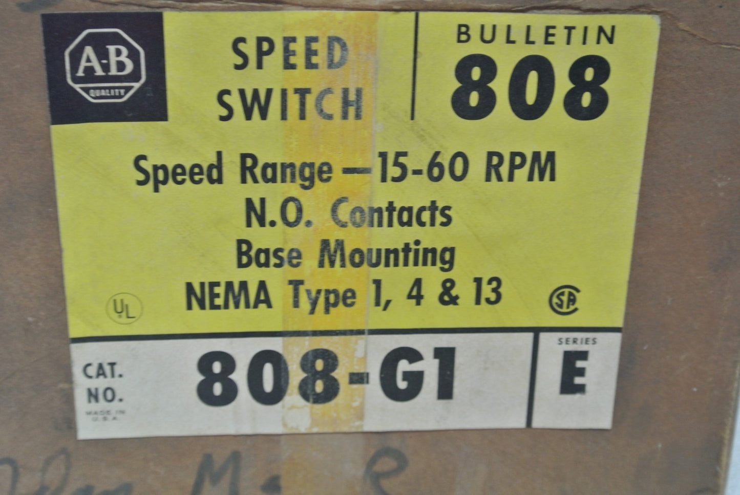 ALLEN-BRADLEY 808-GL1A1 Ser. E SPEED SWITCH 15-60 rpm, 808-GL1A1 - N.O. CONTACTS