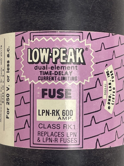 BUSSMANN LPN-RK 600 LOW-PEAK DUAL ELEMENT TIME DELAY CLASS RK1 FUSE 600A 250VAC