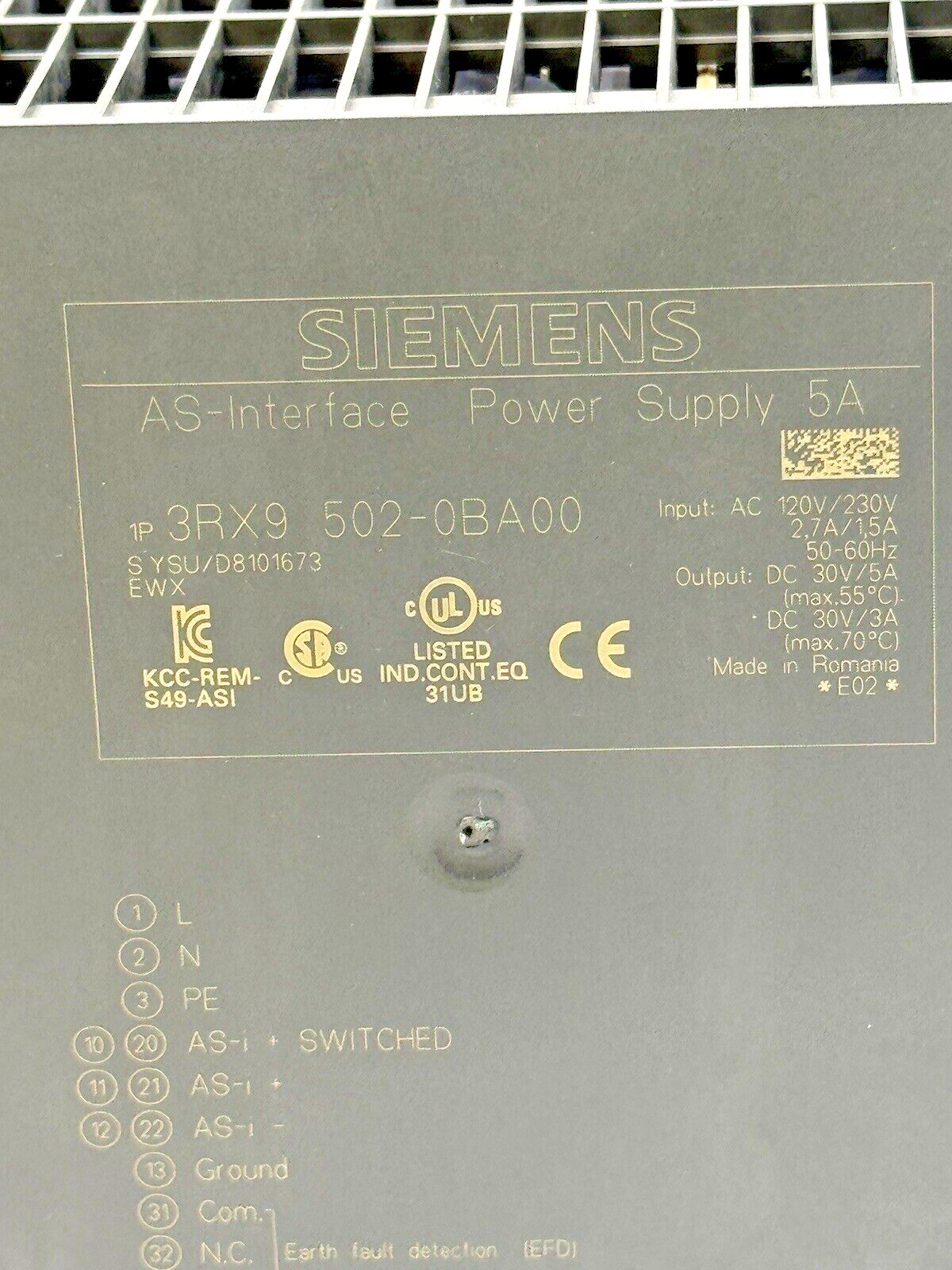 SIEMENS - 3RX9-502-0BA00 - AS INTERFACE POWER SUPPLY - 5A, 230 VAC, 50-60Hz