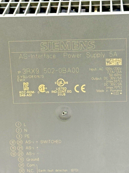 SIEMENS - 3RX9-502-0BA00 - AS INTERFACE POWER SUPPLY - 5A, 230 VAC, 50-60Hz