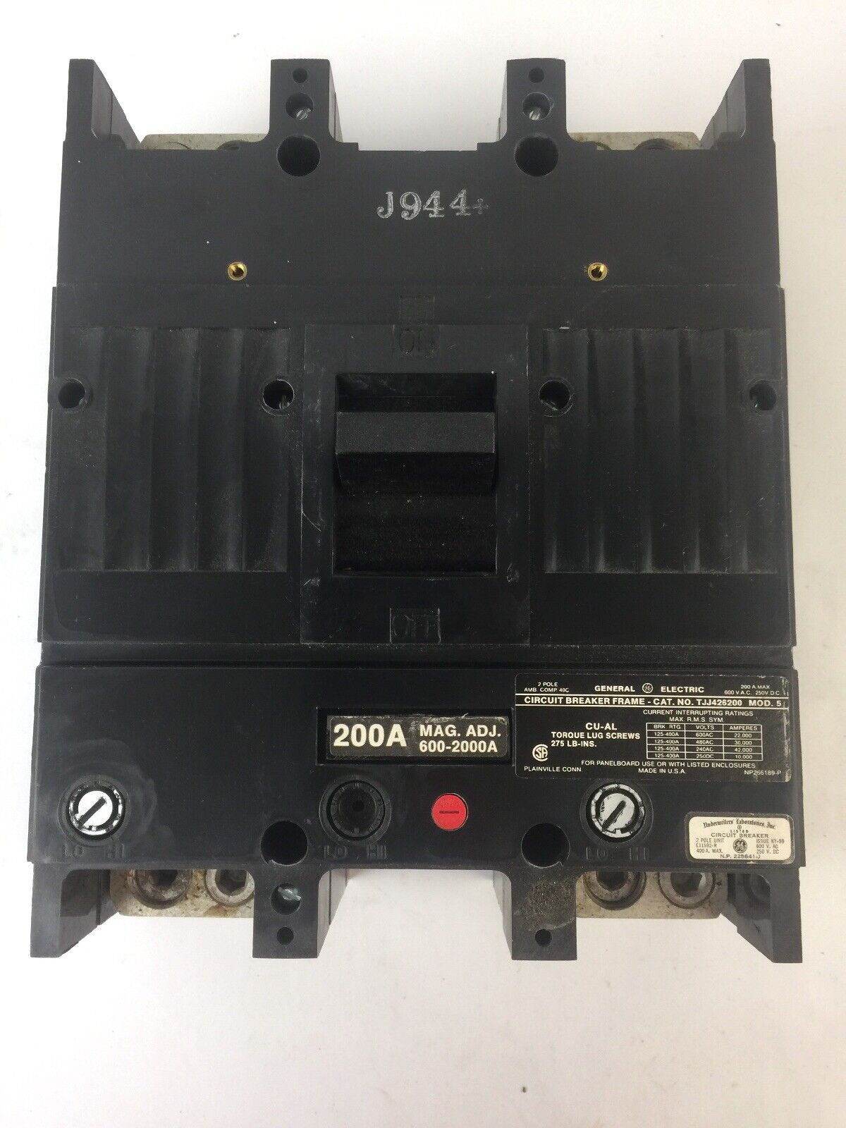 GE TJJ426200WL J-400 CIRCUIT BREAKER 200 AMP 600VAC 250VDC 2 POLE