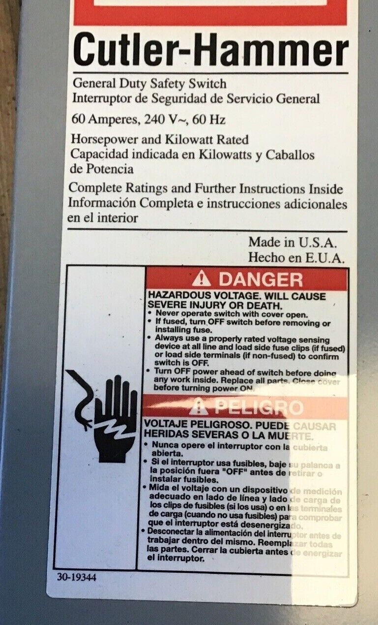 CUTLER HAMMER DG222NGB GENERAL DUTY SAFETY SWITCH 60A 240V INDOOR