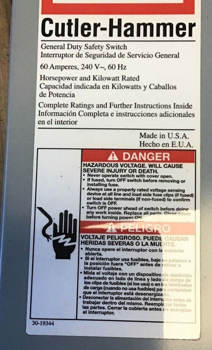 CUTLER HAMMER DG222NGB GENERAL DUTY SAFETY SWITCH 60A 240V INDOOR