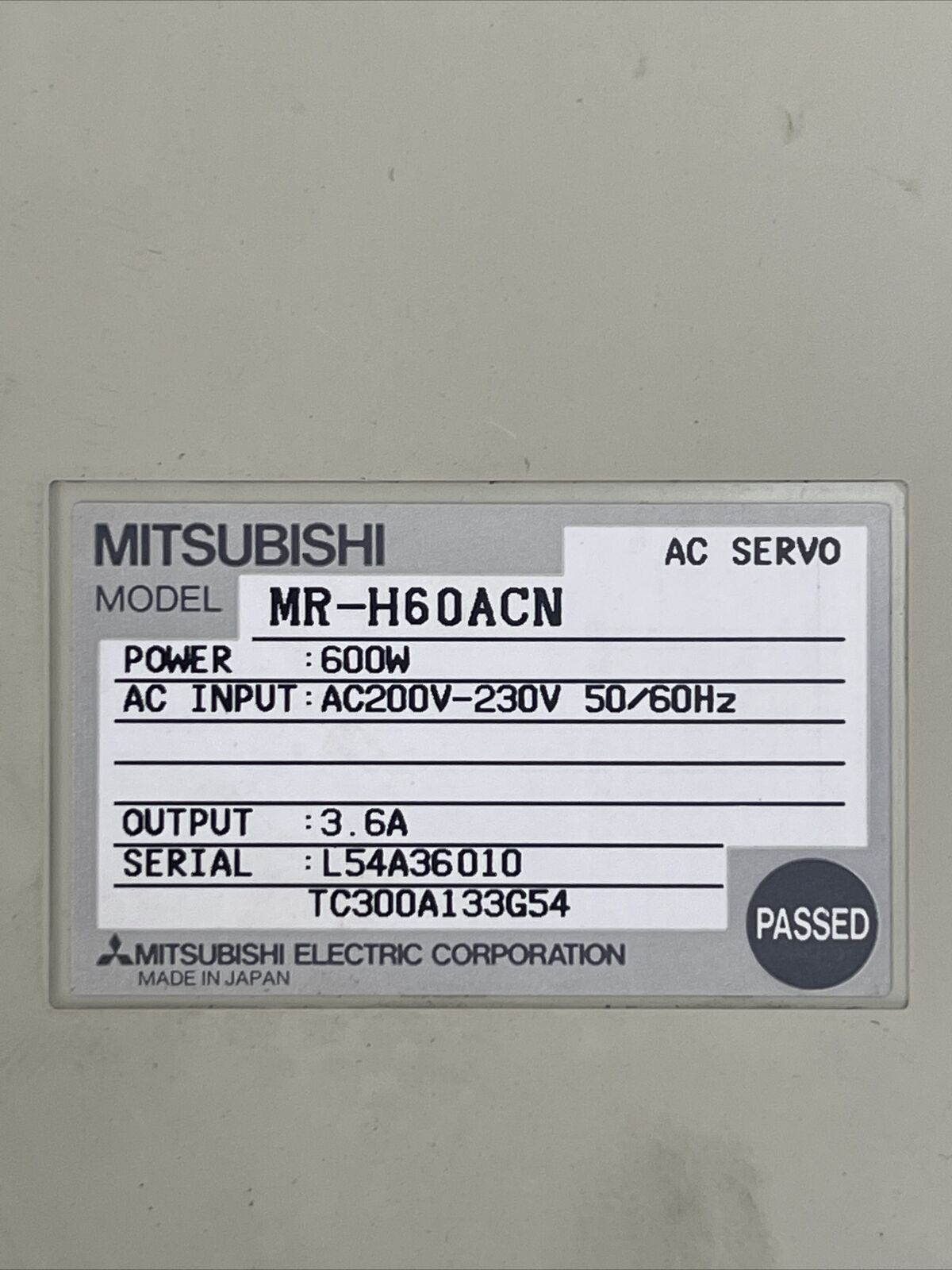 MITSUBISHI MR-H60ACN AC SERVO DRIVE OUPUT 3.6A INPUT 200-230VAC POWER 600W